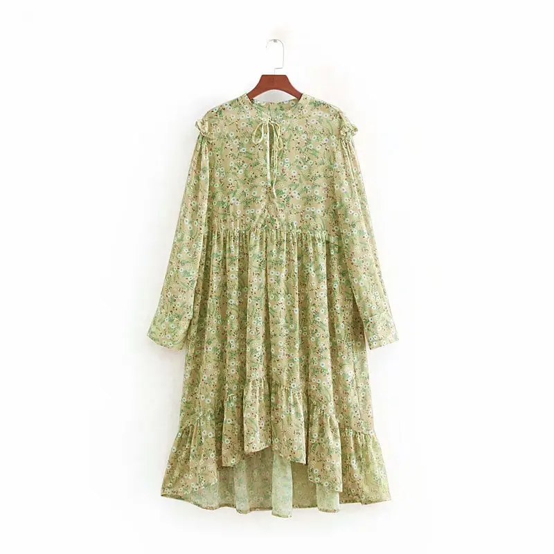 

2019 new women sweet floral print casual loose asymmetrical vestidos hem ruffles dress female pleats bow tie chic dresses DS1992