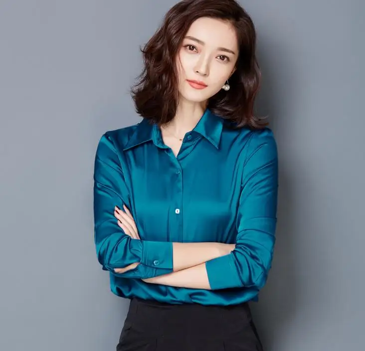 

2019 new Peacock blue Satin Shirt Women Long sleeve silk Blouses loose women work wear uniform office shirt simple Chiffon top