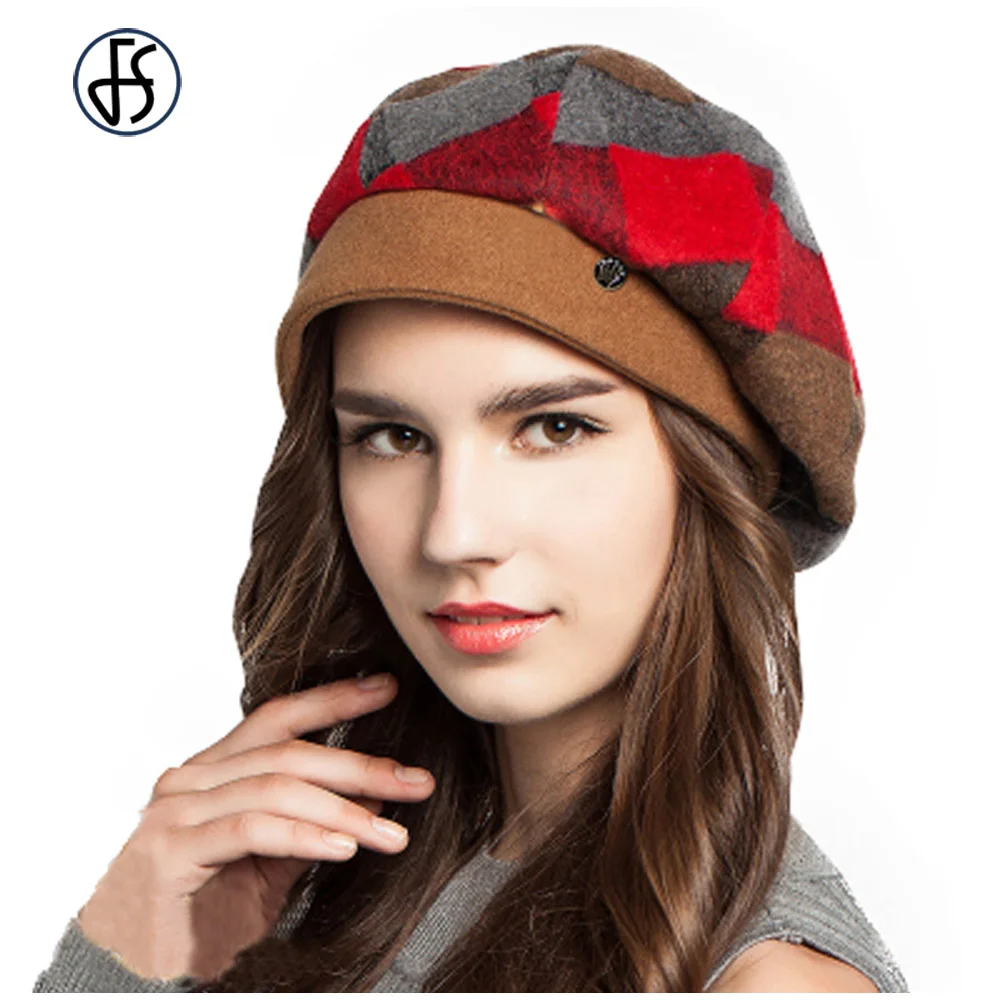 Lady Fashion Womens Green Red Orange Plaid Beret Hat Elegant Warm Wool