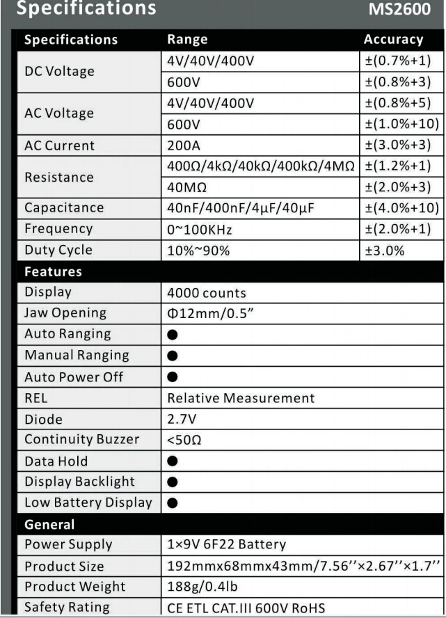 MS2600 цифровой автоматический/ручной диапазон клещи