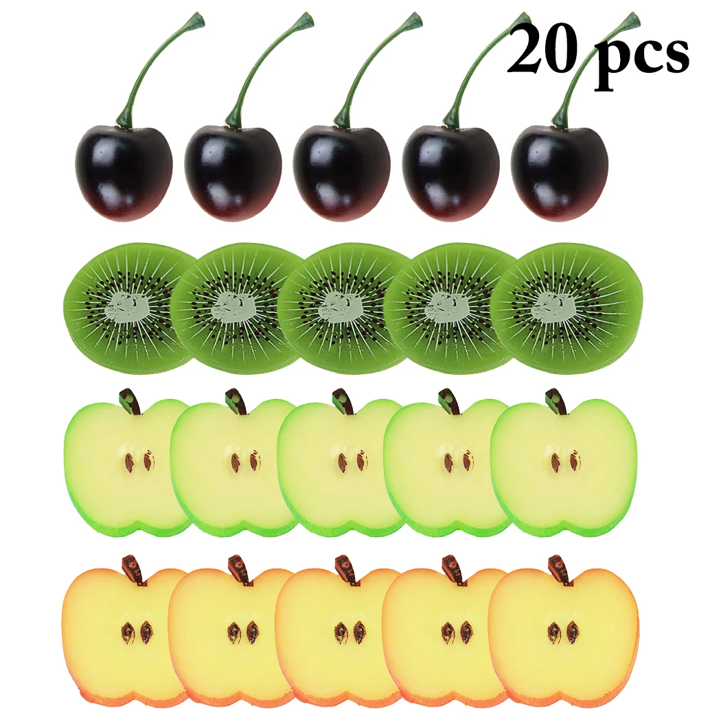 Имитация фруктового ломтика 20 шт красное яблоко ломтик 5+ зеленое яблоко ломтик 5+ маленькая вишня малиновый 5+ киви ломтик 5 реквизит для фотосъемки - Цвет: 20 pcs