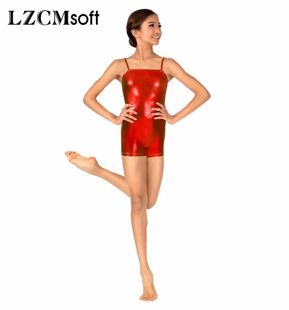 LZCMsoft Топ для девушек шорты Unitard блестящие металлические бикетарды детская команда костюмы для танцев и балета боди золотистого цвета