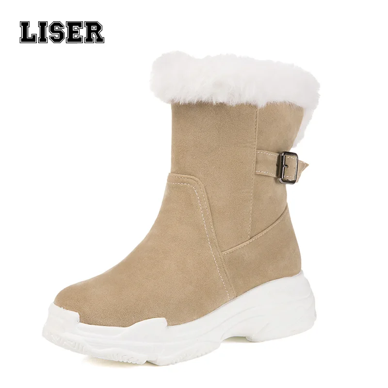 

women snow ankle shoes nubuck plush faux suede buckle slip on platform furry warm breathable Eskimo modern cute booties outdoor