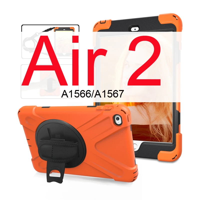 Чехол для iPad Air 1 2 9,7 детский противоударный сверхпрочный силиконовый Жесткий чехол+ ремешок на руку для iPad Air 2 Чехол 5 6 Чехол подставка - Цвет: Orange for air 2