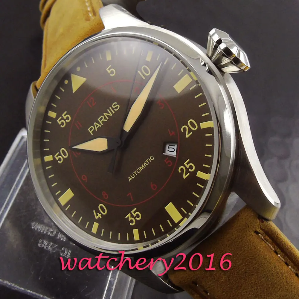 

Fashion Parnis 47mm brown dial date window stainless steel case miyota Automatic movement Men's Watch