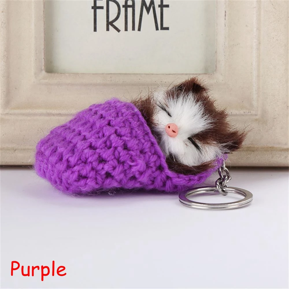 

Lovely Faux Rabbit Fur Pompom Plush Sleeping Cat Keychain Women Girl Woven Shoes Fluffy Car Bag Key Rings Handmade 2019 Hot Sale