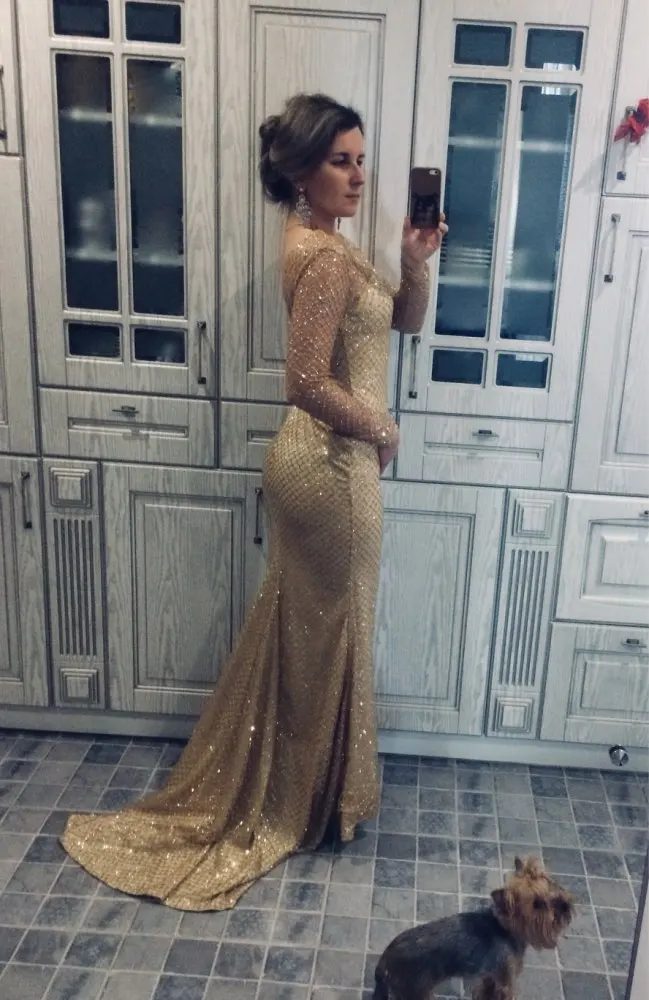 Золотое блестящее вечернее платье макси платье выдалбливают o-образным вырезом спинки Длина пола выпускного вечера русалка платье