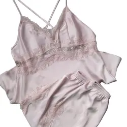 Розовая Женская Сексуальная атласная пижама костюм Спагетти ремень и короткие штаны ночная рубашка пижама с разрезом комплект кружевной