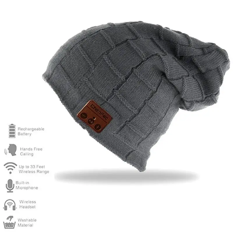 Модные беспроводные наушники Bluetooth 4,2, музыкальная шапка, умные шапки, гарнитура, теплые шапочки, зимняя шапка с динамиком, микрофоном, поддержкой TF карты - Цвет: big-grid-deepgray