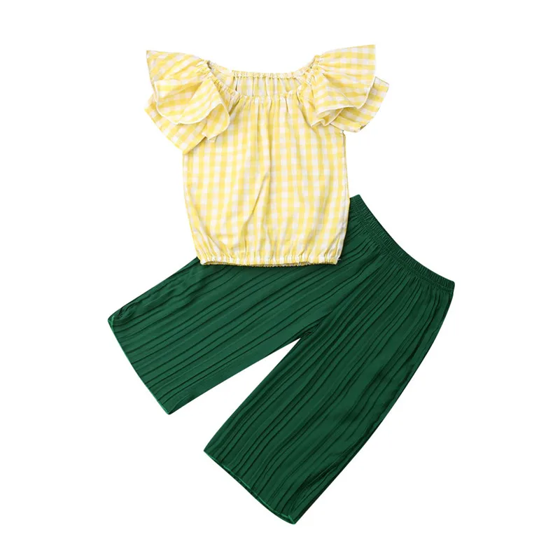 

Kids Baby Girls Clothes Sets Ruffle Fly Sleeve Shoulderless Plaid T-shirt+Wide Leg Pleated Pants Brief Summer Girl Outfits 6M-5Y