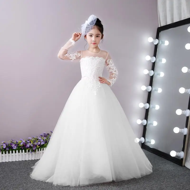 White Ivory Flower Girl Dresses Lace Long Sleeve With Small Train Prom Party communion Formal Occasion | Свадьбы и торжества
