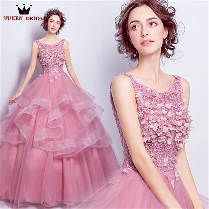 

Luxury Pink Ball Gown Fluffy Flowes Lace Appliques 2019 New Evening Dress Party Gowns Dress Evening Gown JE14