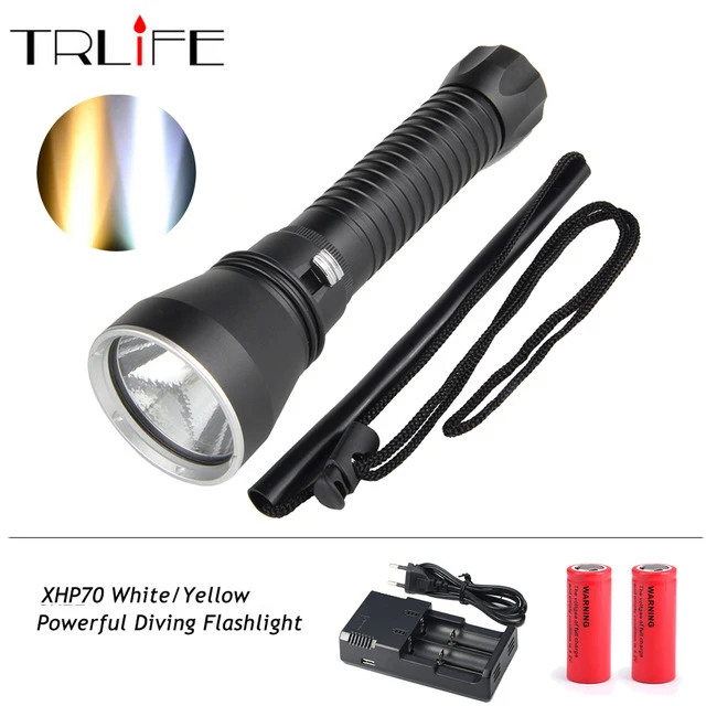 

Powerful XHP70.2 LED Scuba Diving Flashlight Underwater XHP70 Waterproof Torch Light Aluminum White Yellow Light Use 26650