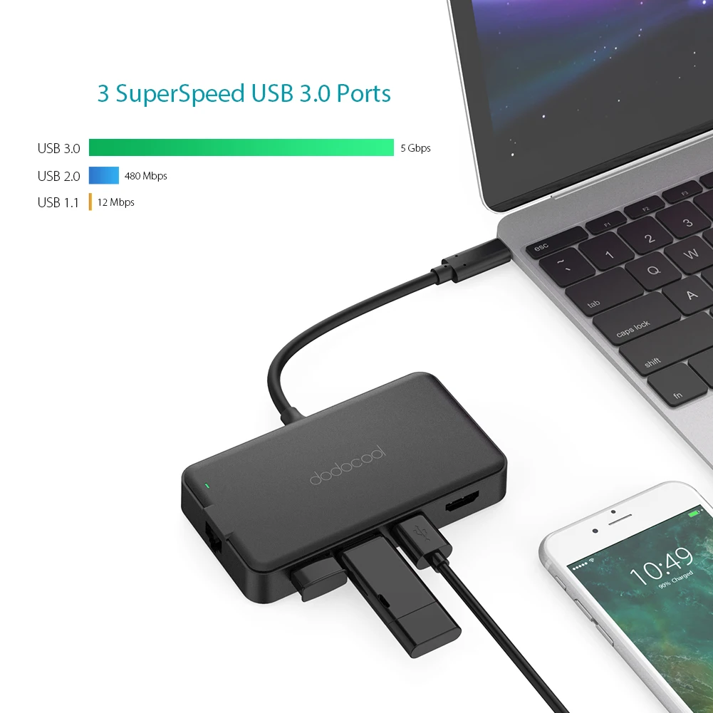 Dodocool 6-en-1 multifunción usb-c con tipo-c 4 K video HD RJ-45 gigabit ethernet adaptador de hub usb 3,0 para MacBook usb c - 1