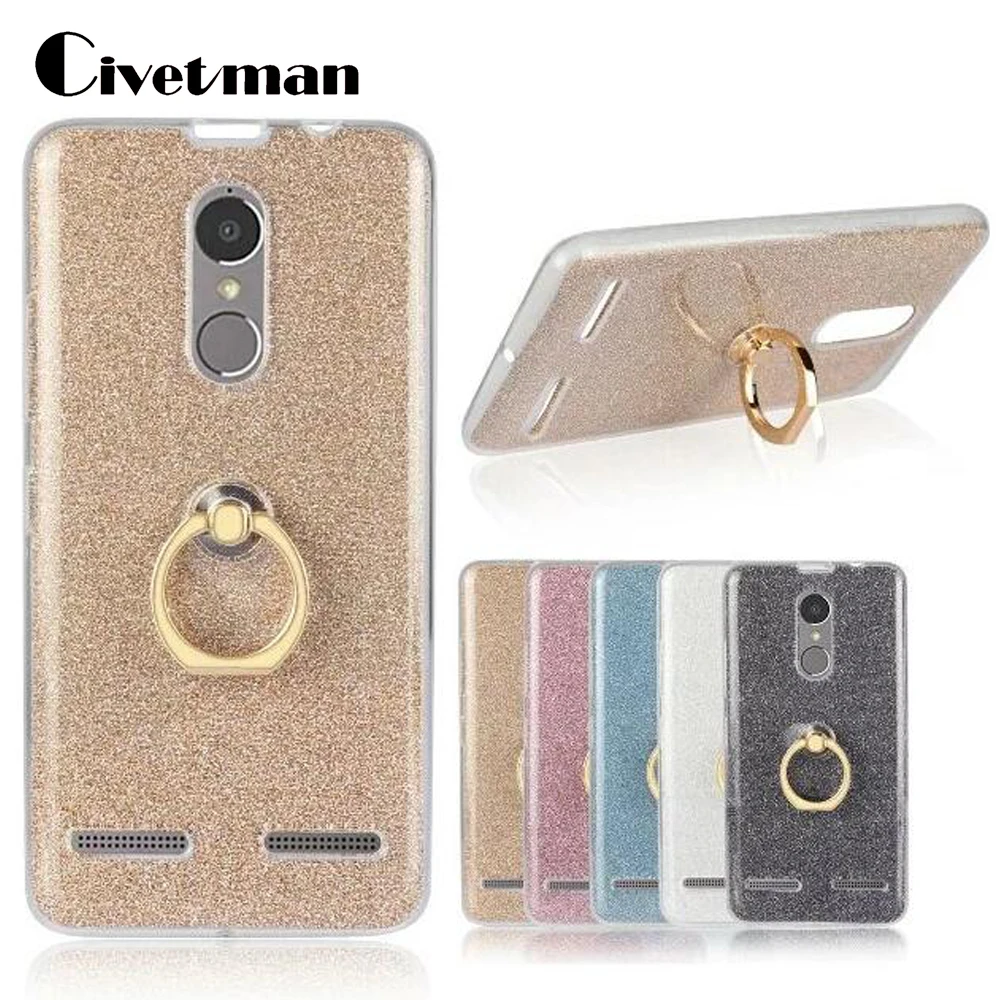

Cover Phone Case For Lenovo Vibe K6 K 6 5" TPU Silicone Transparent K6 Power Shell Flash Glitter Powder Metal Finger Ring Stent