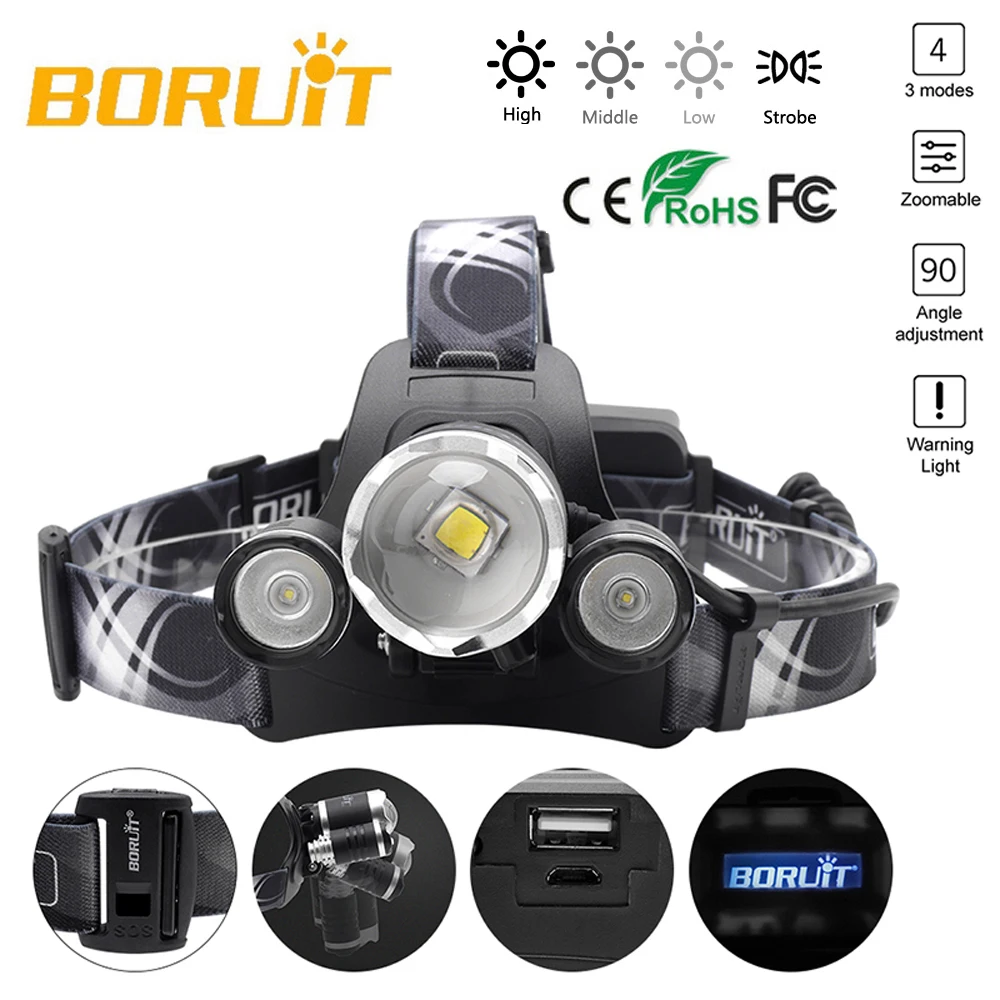 BORUIT B22 перезаряжаемый масштабируемый налобный фонарь 2X XPE Белый светодиодный с