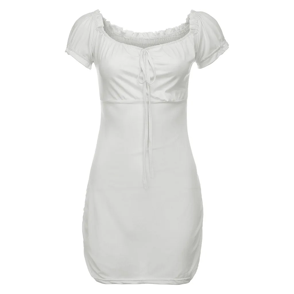 Летнее женское сексуальное платье, женское элегантное однотонное платье с квадратным вырезом, коротким рукавом, на шнуровке, с рюшами, облегающее мини-платье, вечерние платья, vestidos mujer - Цвет: White