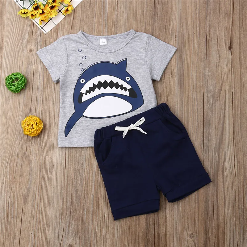 Летние костюмы с рисунком акулы, комплект одежды для маленьких девочек, летняя одежда для маленьких мальчиков