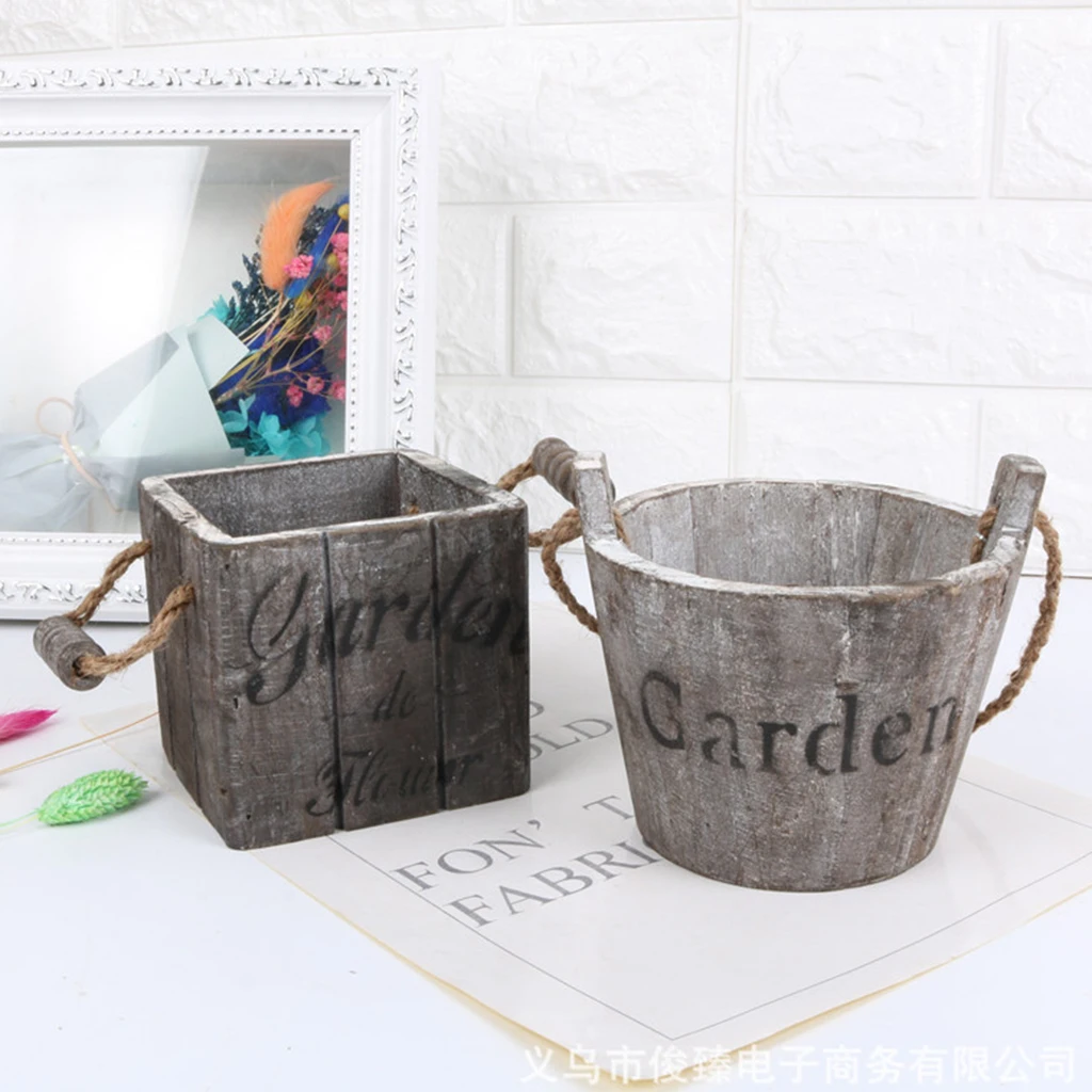 Rustic Wooden Succulent Pots Planters / Flowers Buckets Planter Round/ Oval Planter Imitation Flower Pot Garden Supplies