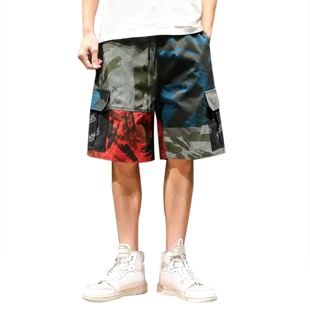 Повседневные свободные мужские шорты до колена,, мужские уличные шорты на шнурке с принтом, мужские летние шорты с несколькими карманами