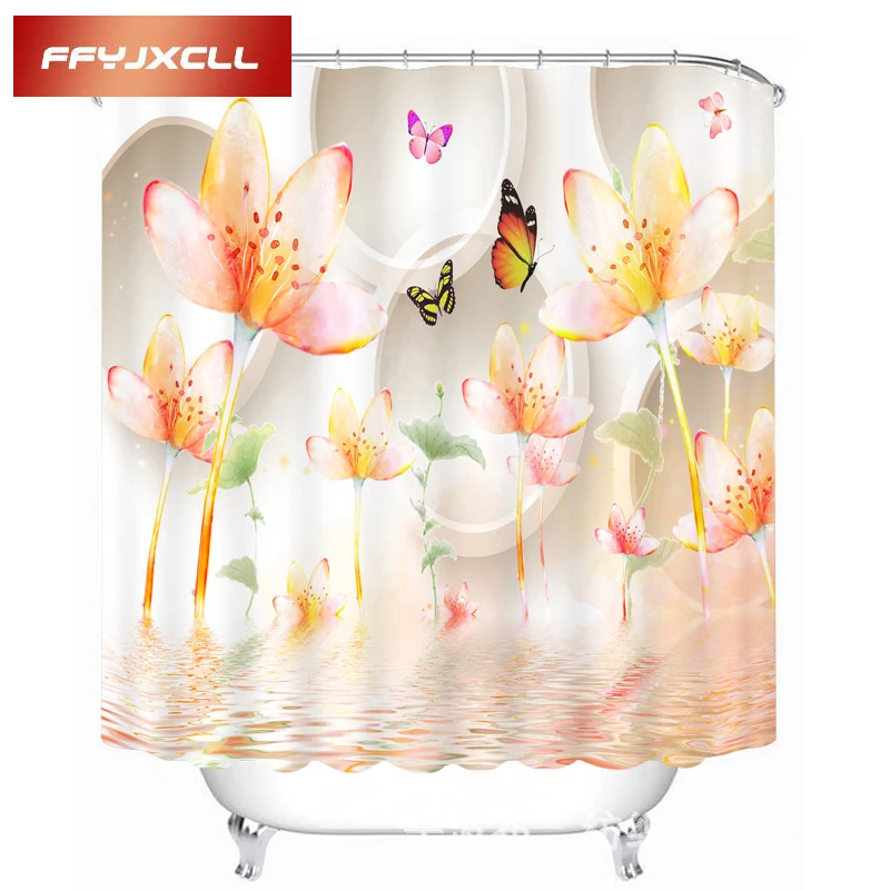 

Lotus in Full Bloom Butterfly Printing Polyester Fabric Waterproof Mildew Creative Bathroom Shower Curtain With 12pc Hook