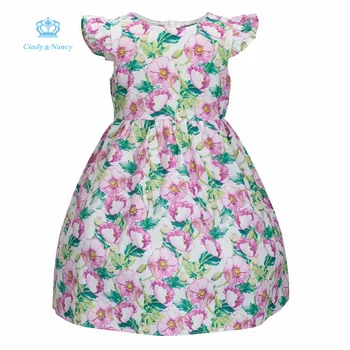 

Cindy&Nancy New Summer Girls Cute Purple Floral Printed O-neck Flare Sleeve Bow 1-6yrs Cotton Woven Princess Casual Dresses