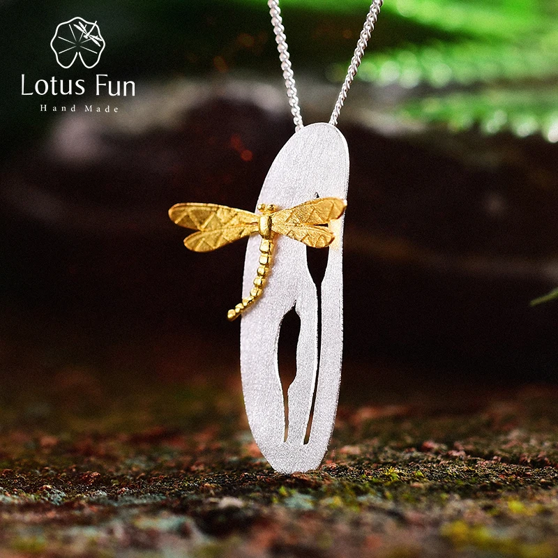 

Lotus Fun Real 925 Sterling Silver Handmade Fine Jewelry Leaf and Dragonfly Design Pendant without Necklace for Women Acessorios