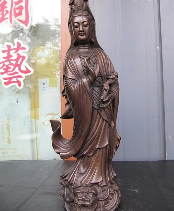 

USPS to USA S0230 Chinese Pure Bronze Statue of Kwan-Yin Guan Yin Bodhisattva on Dragon Fish B0401