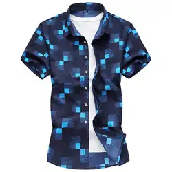 Повседневная клетчатая рубашка мужская одежда Блузка мужская гавайская рубашка мужская с короткими рукавами темно-синий белый