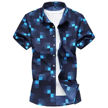

Casual Plaid check Shirt Mens clothing Blouse Men Hawaiian Shirt Male Short-sleeved Navy Blue White