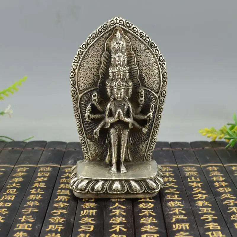 

China Tibet Silver Kwan-yin Avalokitesvara Bodhisattva Buddha Statue