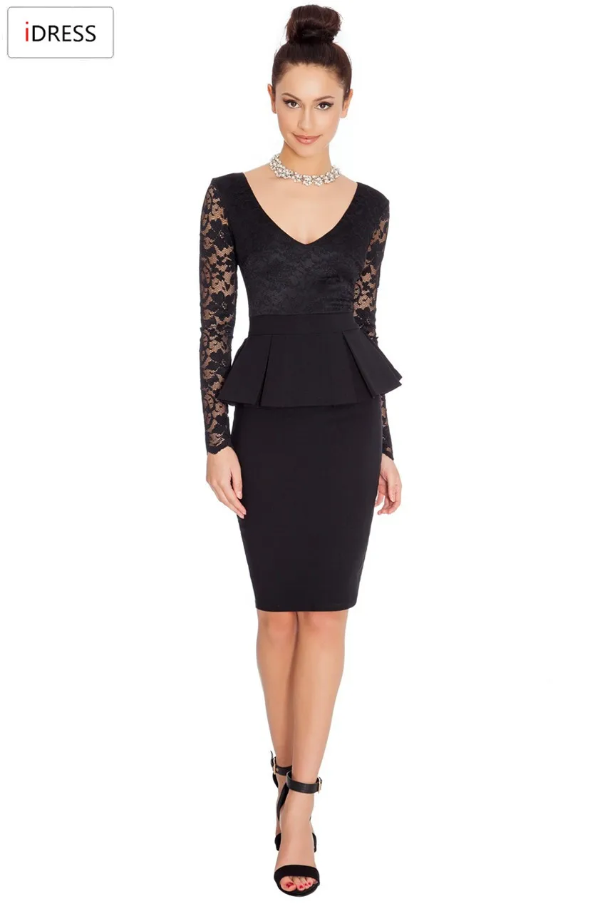 IDress Women Work Dresses 2016 New Fashion for the Office Sexy Elegant Long Sleeve Lace Knee Length Peplum Bodycon Office Dress (10)