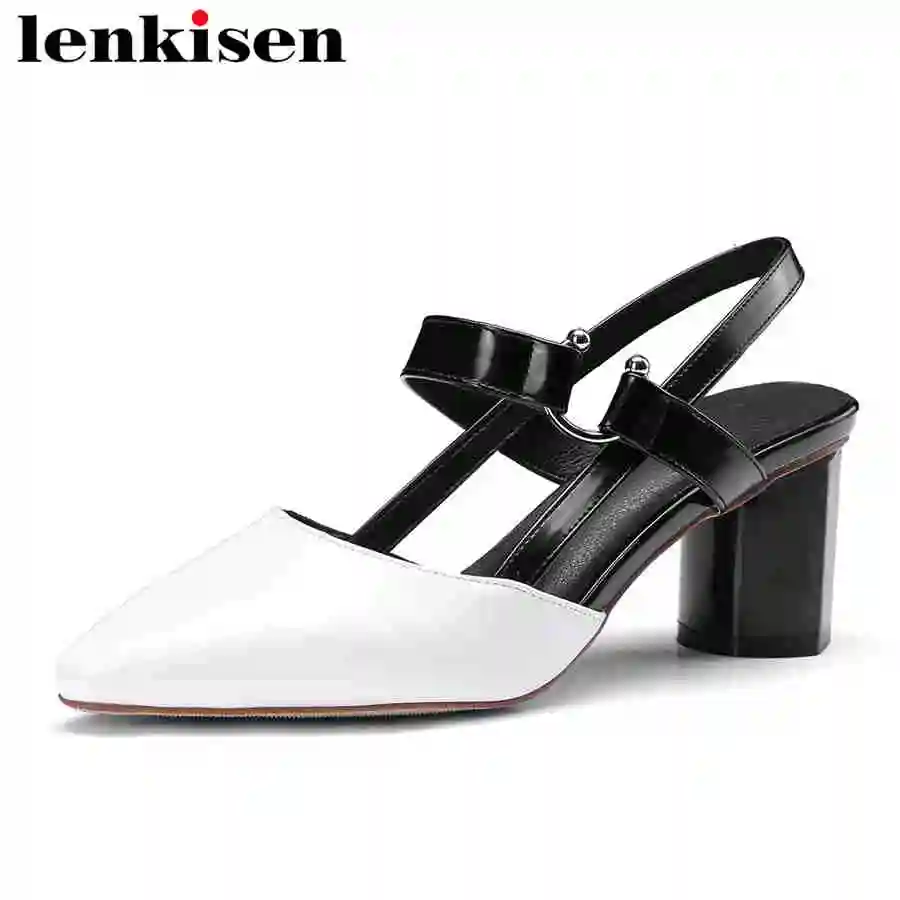 

Lenkisen oxford slip on british style pointed toe solid pu med heels large size runway sweet shopping women leather sandals L0f1