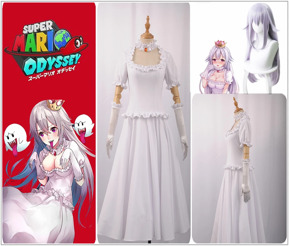

Womanize Version Bowsette Kuppa Hime Koopa Princess Mononoke Cosplay Costume Sexy Party Dress White Dress Necklace Wig Christmas