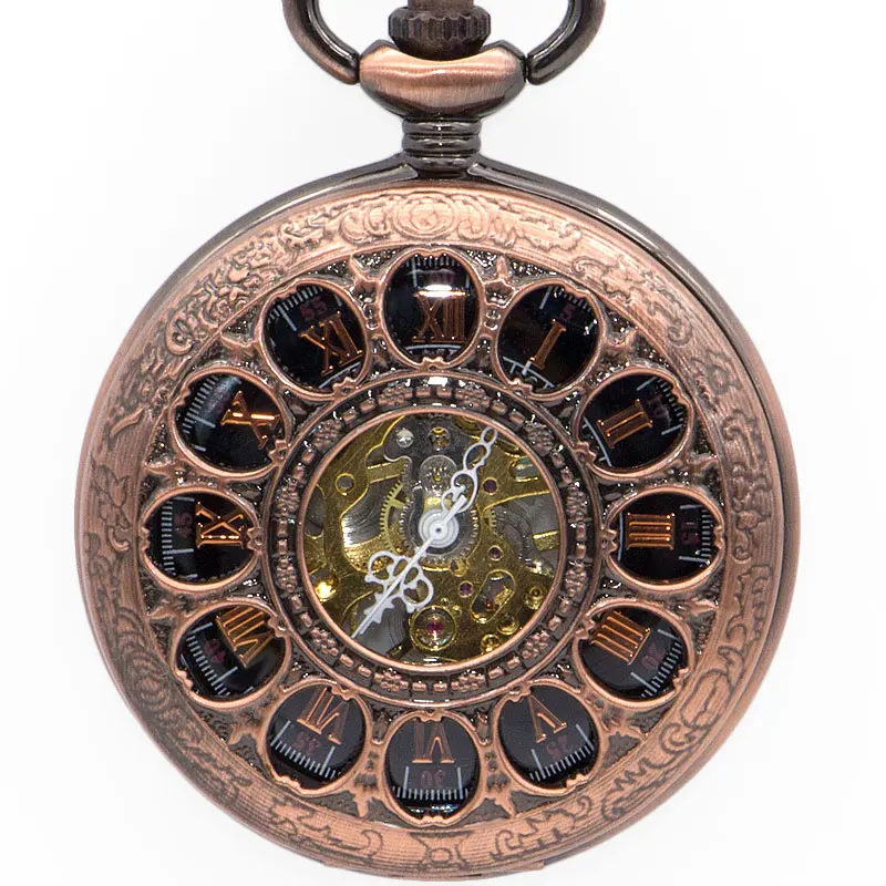 

Drop Shipping Skeleton Dial Retro 12 Holes Hollow Carving with Fob Chain Analog Mechaincal Pocket Watches For Men Women PJX1363