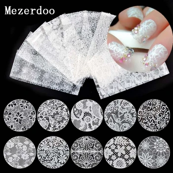 

10 Pcs/lot Nail Art Transfer Foil Sticker White Colour Lace Rose Flower Floral Tips Decoration Polish Manicure Tools Decal Set