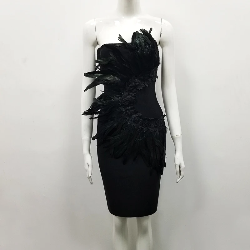 

Elegant Women black Feathers Sexy dress 2018 New Arrival Strapless Celebrity evening party Bandage bodycon dresses wholesale
