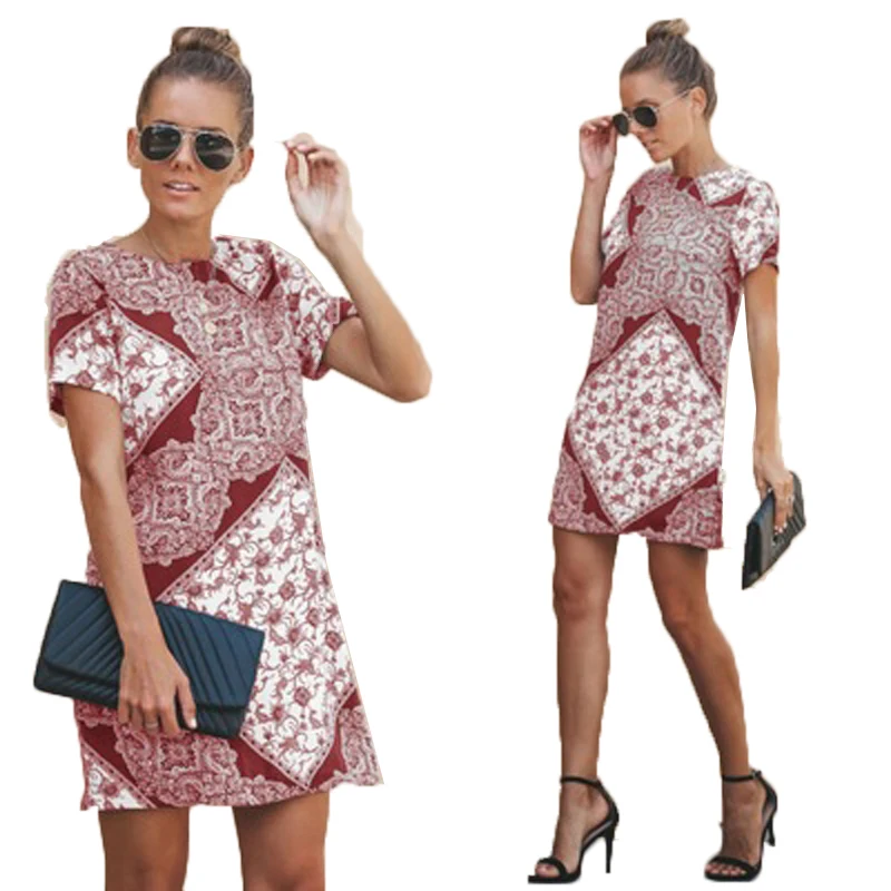 

2019 Womens Fashion Casual Tribal Ethnic Style Floral Print O-Neck Short Sleeve Casual Summer Streetwear Elegant Long Clothing