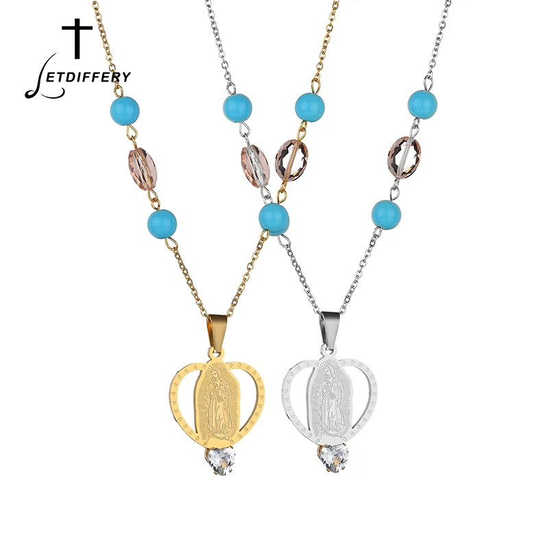 

Letdiffery Religious Virgin Mary Pendant Necklace CZ Heart Necklace for Women Beads Rosary Jewelry Anniversary Gift