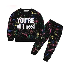 Комплект одежды для девочек на весну и осень новая рубашка с длинным рукавом для малышей, мальчиков, с длинными рукавами, с принтом в виде букв футболка с узором в стиле граффити+ брюки Повседневное спортивные Костюмы k1