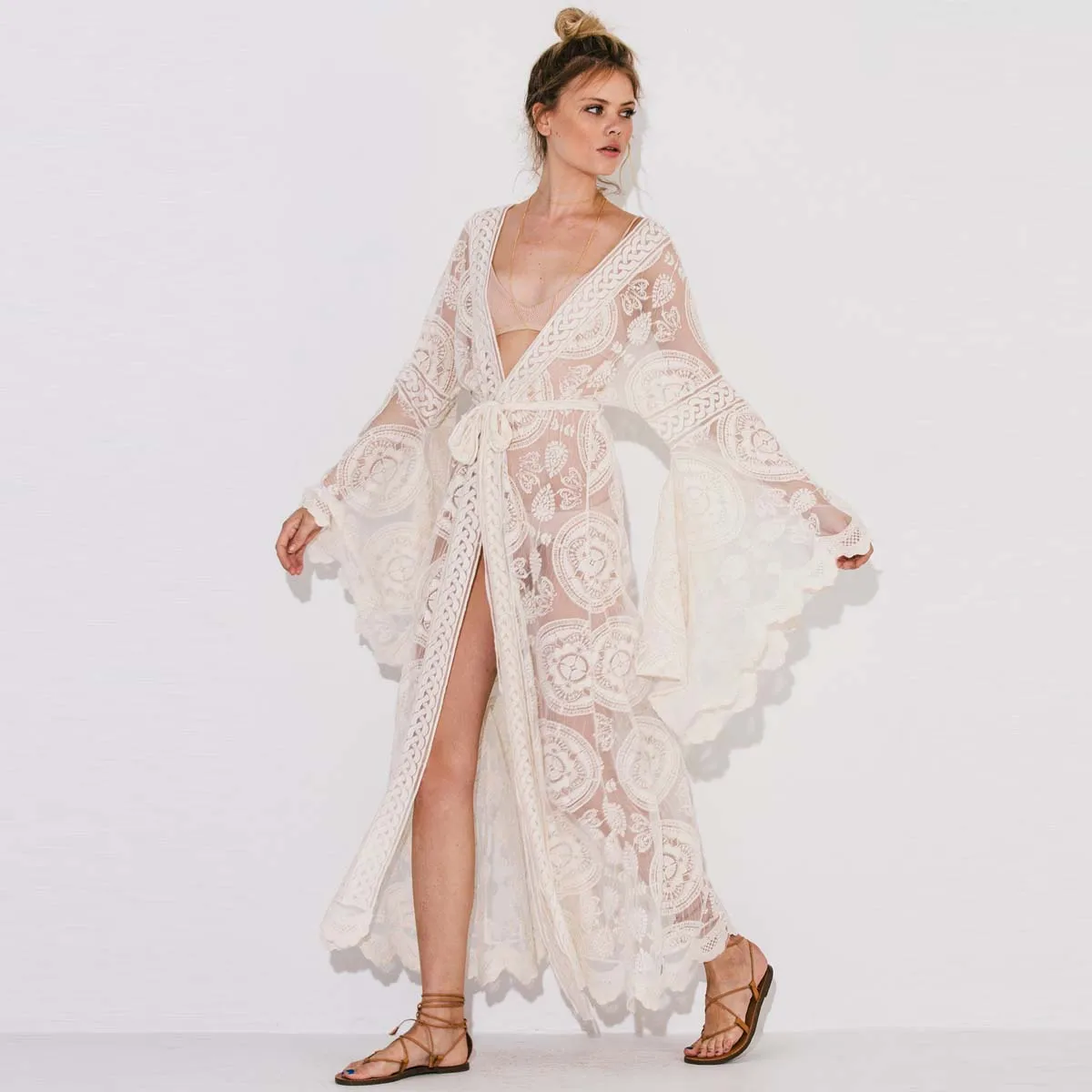 Billig Jastie Mandala Mantra Kimono Sommer Boho Spitze Strand Cover up Bademode Lange Strickjacke Jacke Glocke Hülse Casual Frauen Jacke hemd