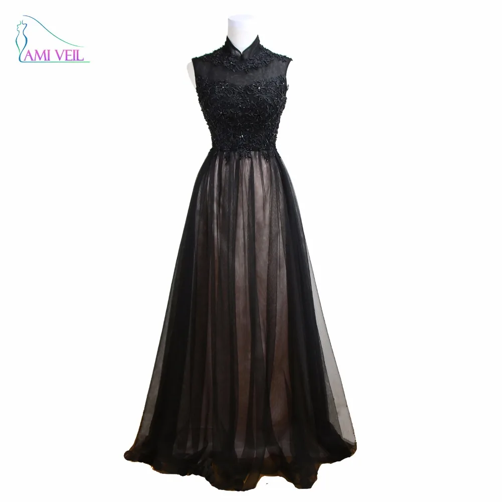 Black Rhinestone Beads Lace Evening Dresses Long High Neck Sleeveless