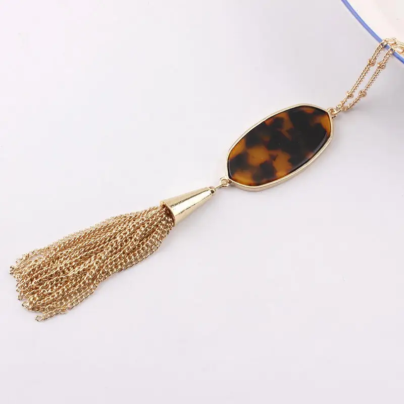 

New Long Tassel Pendant Necklace Statement Abalone Shell Leopard Turtle Oval Drusy Druzy Women's Boutique Jewelry for Women