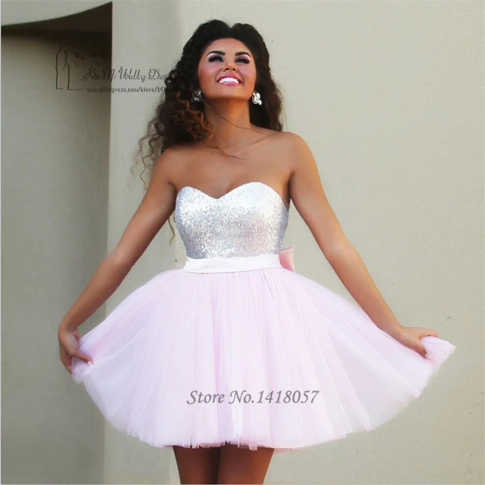 

Cheap Pink Short Prom Dress 2017 Sequin Party Dresses Imported Vestidos de Baile Curto Modest Homecoming Dresses Strapless Bow