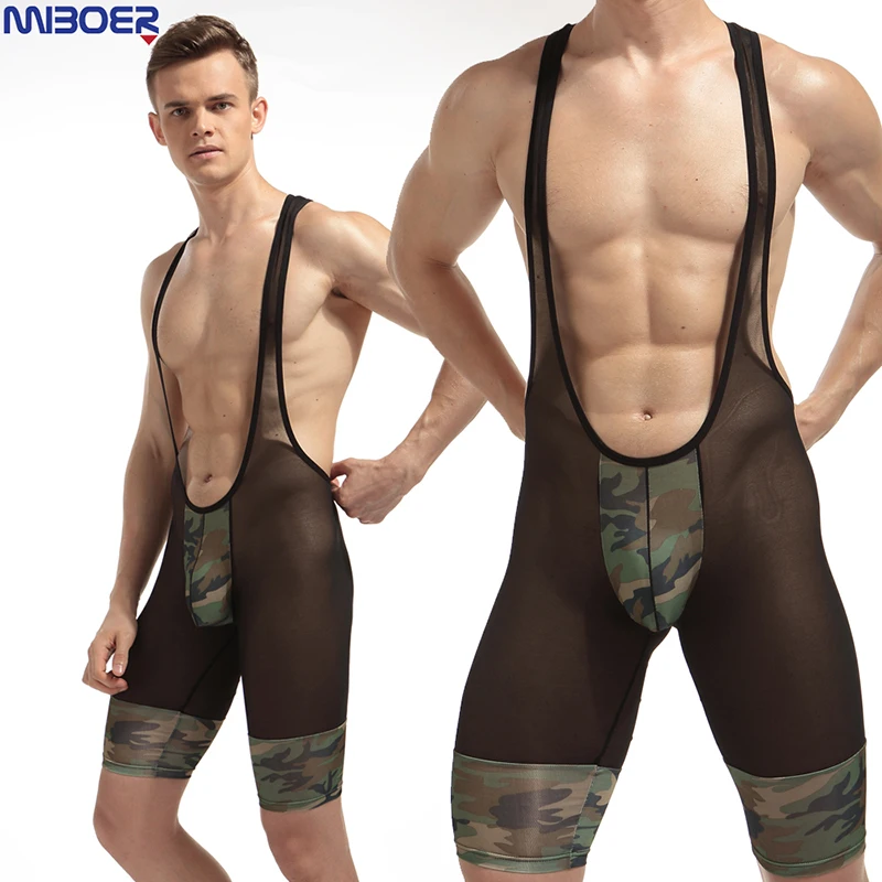 Men Mesh Swimsuit Sexy Fashion See Camouflage Soft Breathable Underwear Transparent Shorts Bodysuits Boxers Wrestling Suits