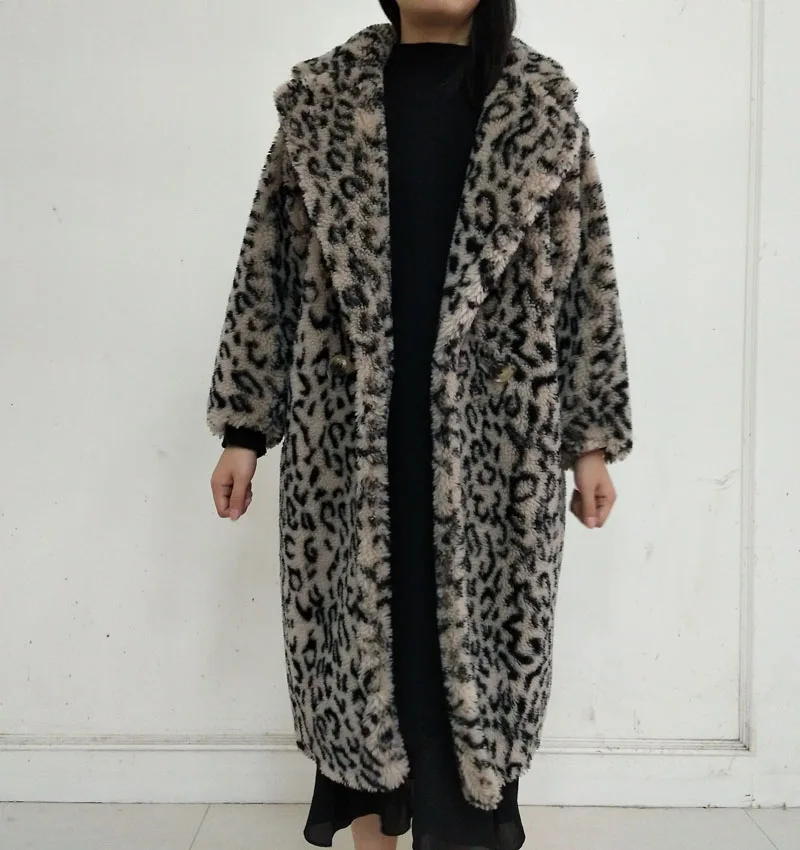 Leopard Wool Fur Kaban Winter Coat Women Long Real Fur Coat Teddy Bear Sheep Shearing Manteau Femme Hiver Clothes 2018 Plus Size