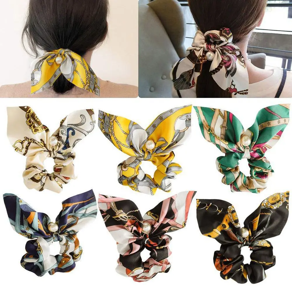 Chiffon Bowknot Silk Hair s Women Pearl Ponytail Holder Hair Tie Hair Rope Rubber Bands Hair Accessories,Navy 1