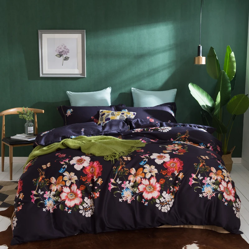 

Colorful Flowers Bedding Set Queen King Size 4Pcs Egyptian Cotton Fabric Soft Bedlinens Flat Sheet Set Pillow Cases