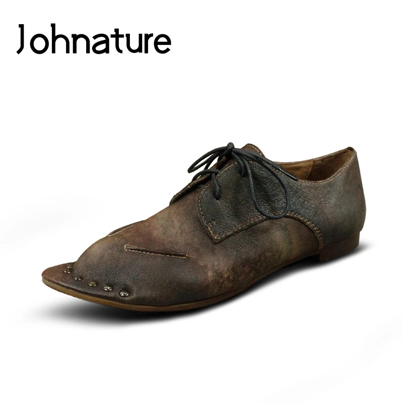 

Johnature 2019 New Spring/autumn Retro Genuine Leather Pointed Toe Lace-up Solid Rivet Casual Brogue Shoes Women Flats