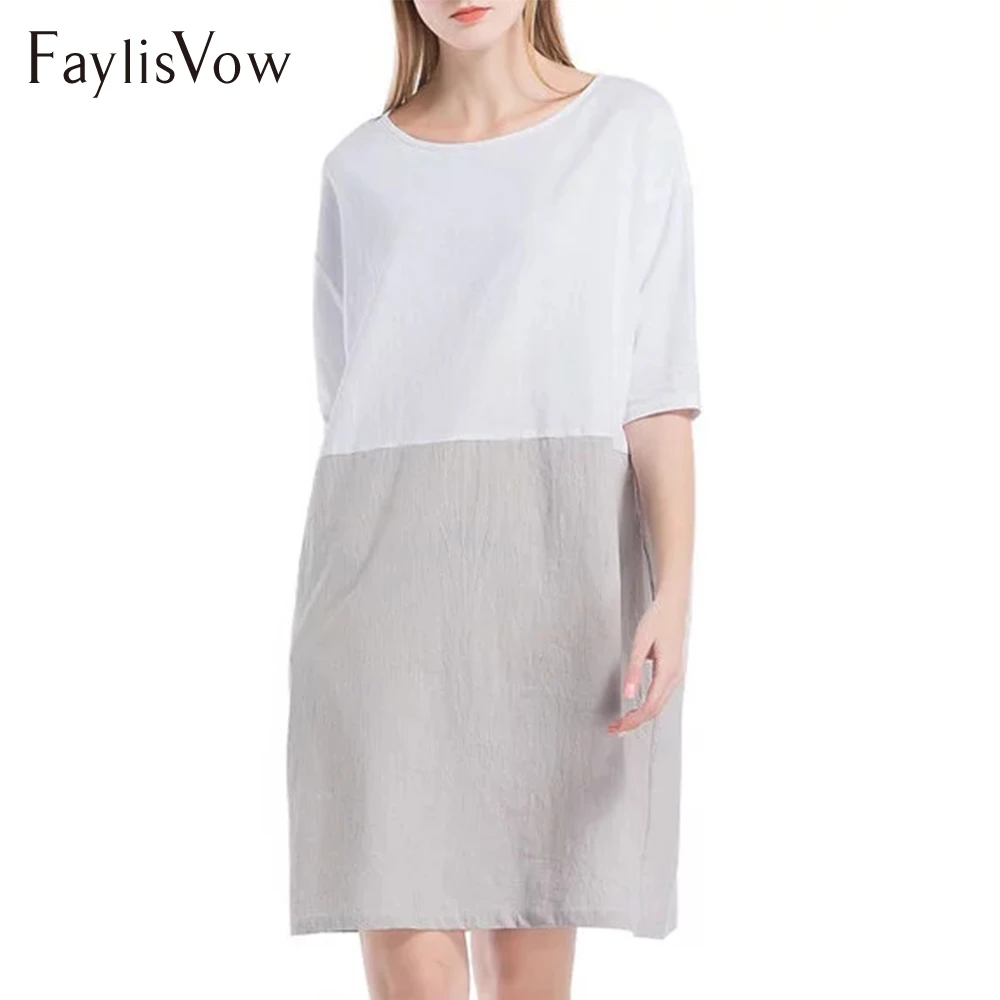 Loose Cotton Linen Colour Block Dress Summer Women 3/4 Sleeve Pockets Shift White Gray Mini Dresses O Neck Shirt Beach SunDress |